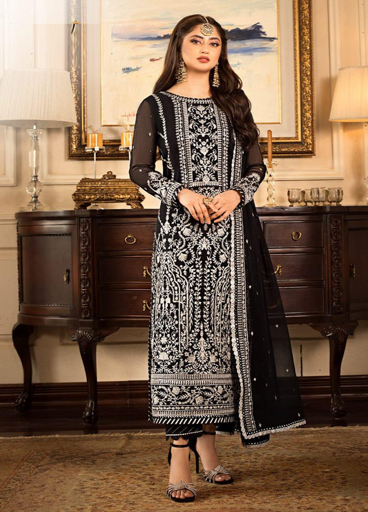 Chiffon 3 Piece Unstitched Suit -EM0026-Party Wear